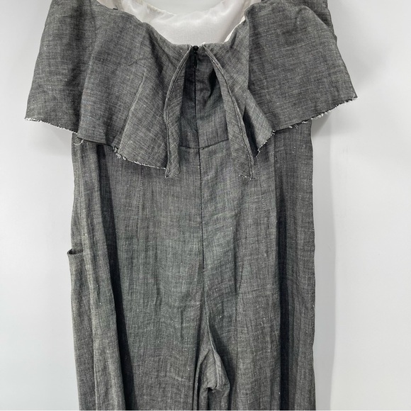 MILLY Black Denim Chambray Ruffle Popover Strapless Open Leg Pant Jumpsuit 6 - Picture 8 of 13